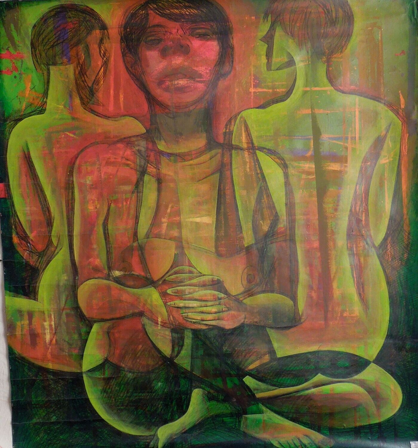 Photo printing on canvas and acrylic painting. Its collage on new canvas with wooden frame//Size: ca. 120 x 120 x 4 cm,
