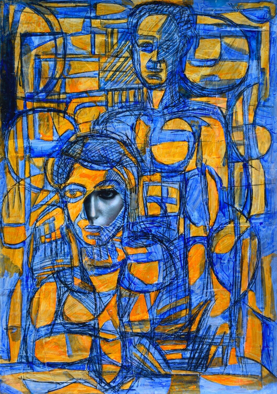 Pigment &  Acryilc on  Paper  collaged on the canvas.- Figurative , Light as Form // Size: ca.. 100 x 120 x 4 cm