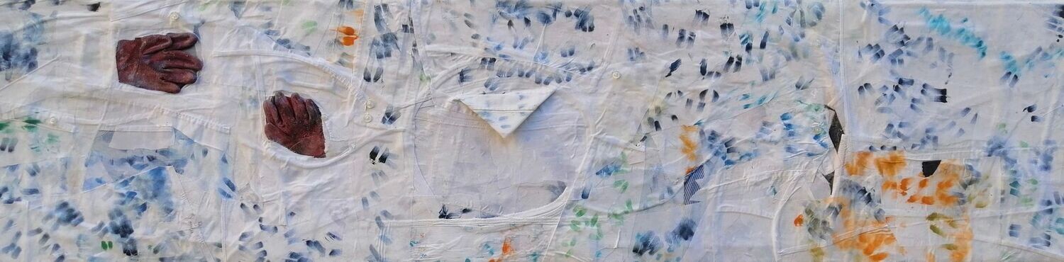 Clothes collage on canvas with Two fabrics canvas // Size : ca.  41 x 173 x 4 cm,