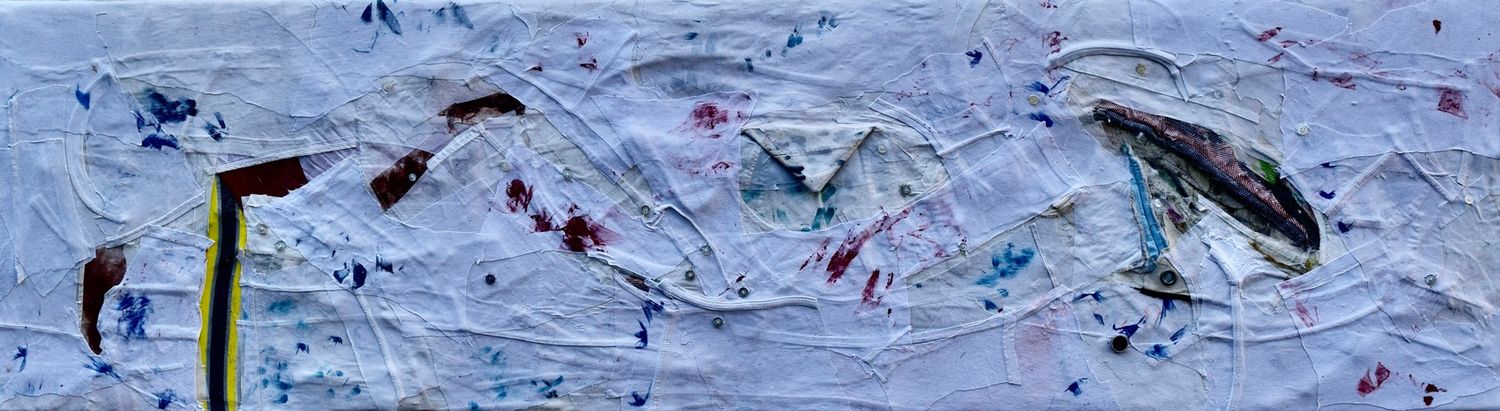 Clothes & Collage on Two fabrics  Canvas //Size : ca. 50 x 180 x 4 cm,