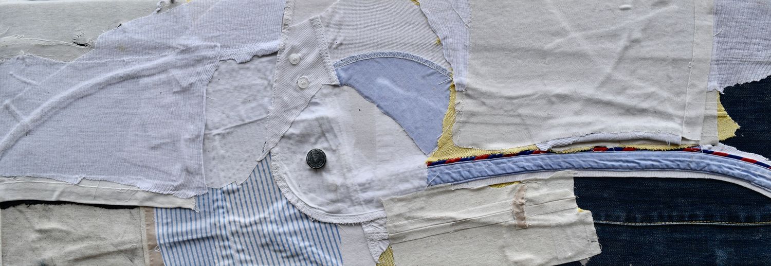 Clothes is collaged on the canvas. // Size: ca.. 27 x 77 x 3 cm