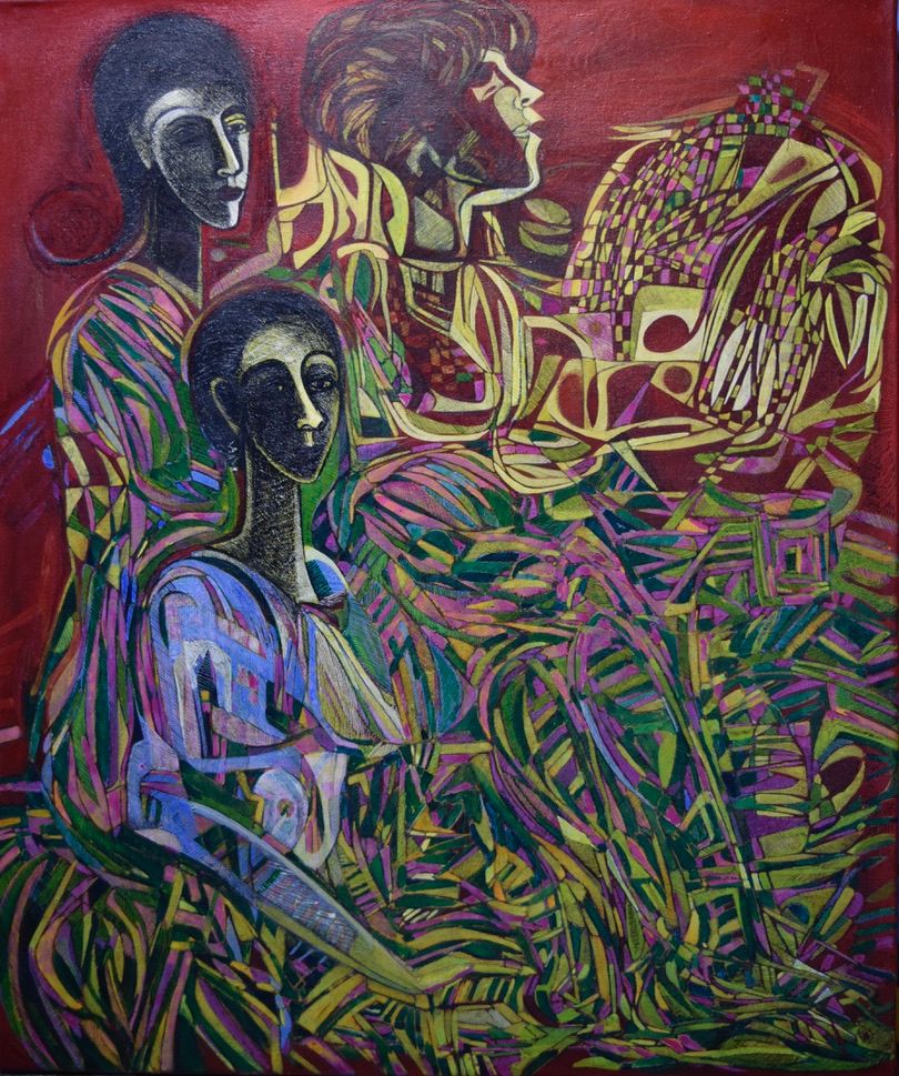 Red world,  Oriental miniature,  Acryilc  on the canvas // Size : ca.  100 x 120 x 4 cm