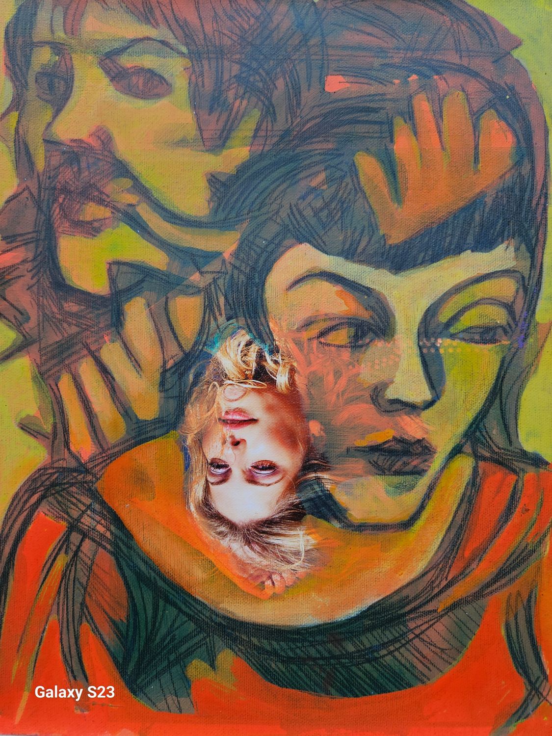 Photo printing on canvas and acrylic painting. Its collage on new canvas with wooden frame // Size: ca..30 x 40 x 4 cm