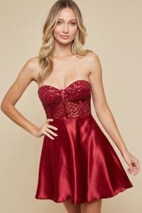 LADIES STRAPLESS SEQUIN TOP AND SATIN SKIRT