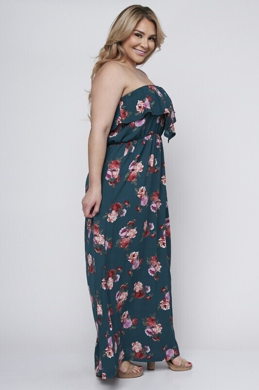 Green Flowers Print Ruffle Strapless Plus Size Dress