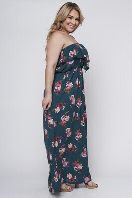Green Flowers Print Ruffle Strapless Plus Size Dress