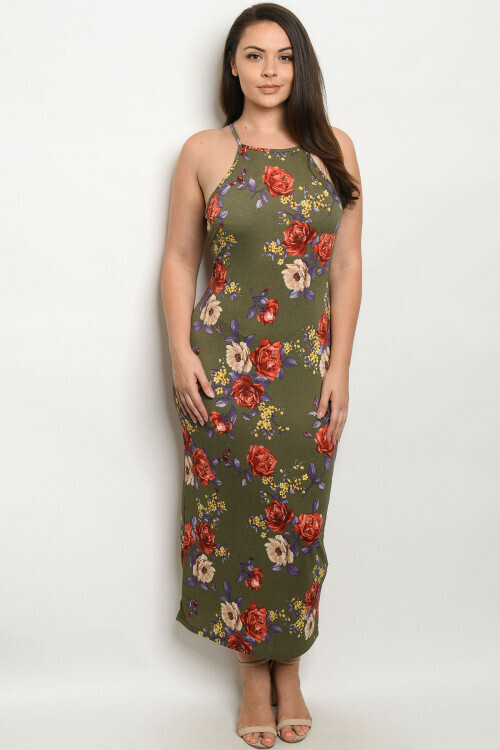 ​Olive Floral Plus Size Dress