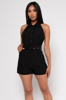 Black Solid Halter Neck Romper with Belt and Lining