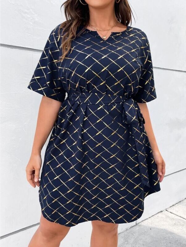 Navy Blue Belted Grid Print Dress