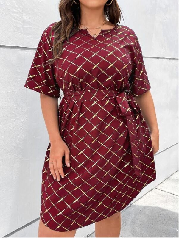 Maroon Belted Grid Print Dress