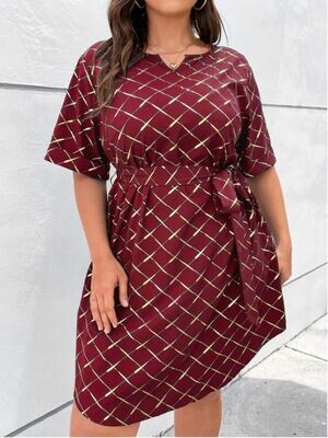 Maroon Belted Grid Print Dress