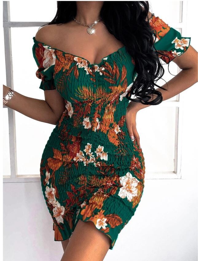 Floral Shirred Drawstring Front Bodycon Dress