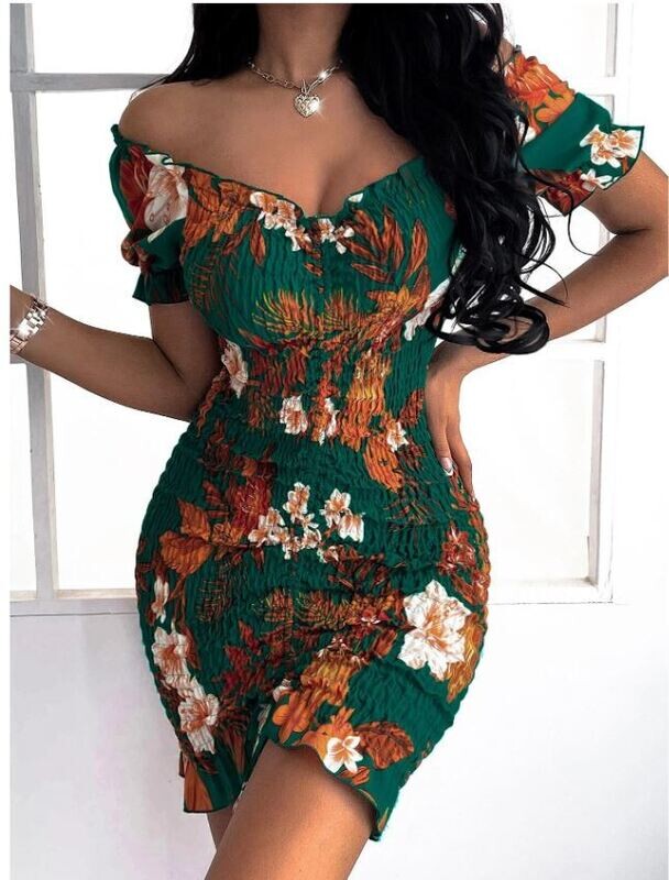 Floral Shirred Drawstring Front Bodycon Dress