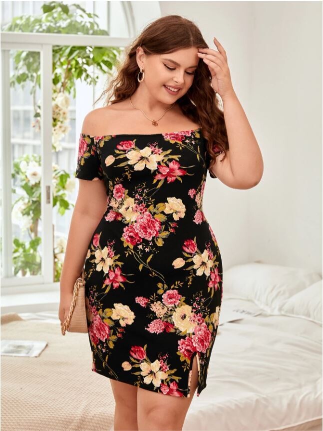 Floral Print Off Shoulder Split Hem Dress