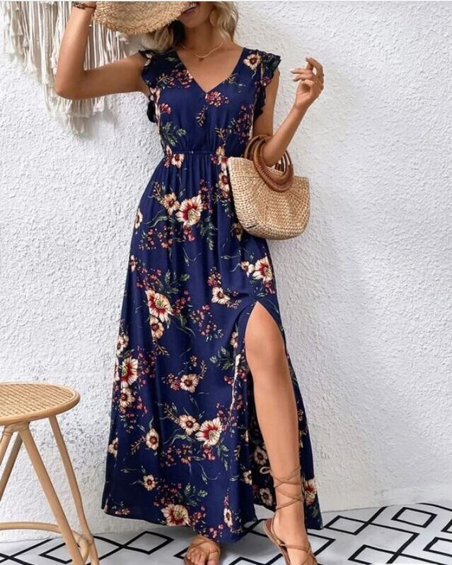 Floral Print Ruffle Trim Dress - Blue