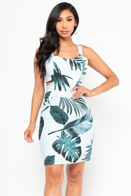 Sky Blue Leaf Print Round Neck Sleeve Less Tie Back Dress