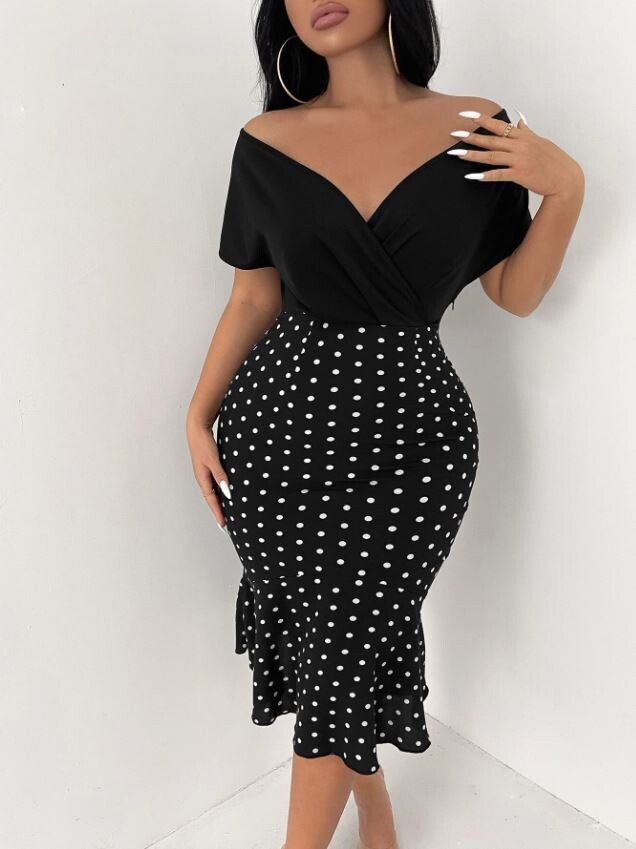 Polka Dot Off Shoulder Mermaid Hem Dress