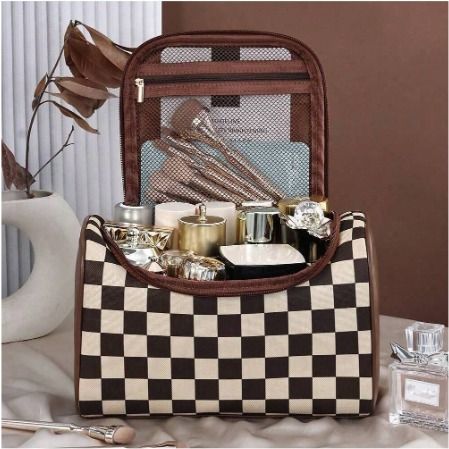 Bolsa de Tocador a cuadros de café, bolsa de cosméticos portátil