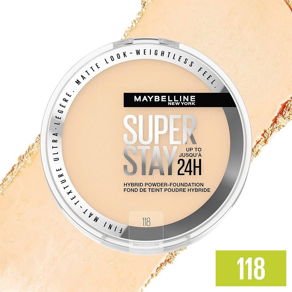 Maybelline Super Stay UP TO 24 HR, Hybrid Powder Foundation Medium-to-Full Coverage Makeup, Matte Finish, Tono:: 118
