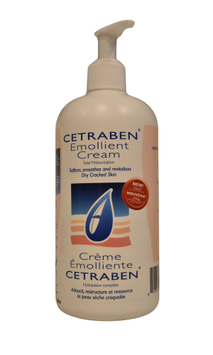 500 gram bottle of Cetraben, Canadian made emolient skin cream for dry itchy skin.