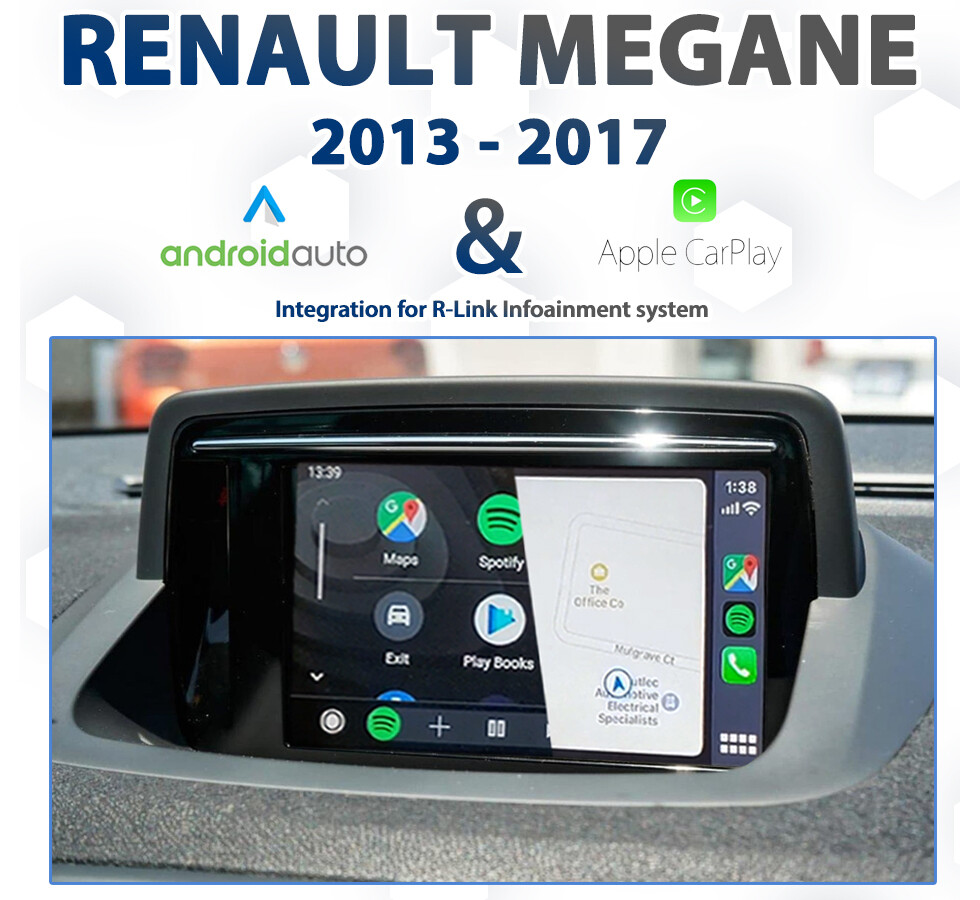 Renault Megane (2015 to 2017 models) with Apple CarPlay and Android Auto integration, specifically designed for vehicles equipped with the R-Link 2 system.