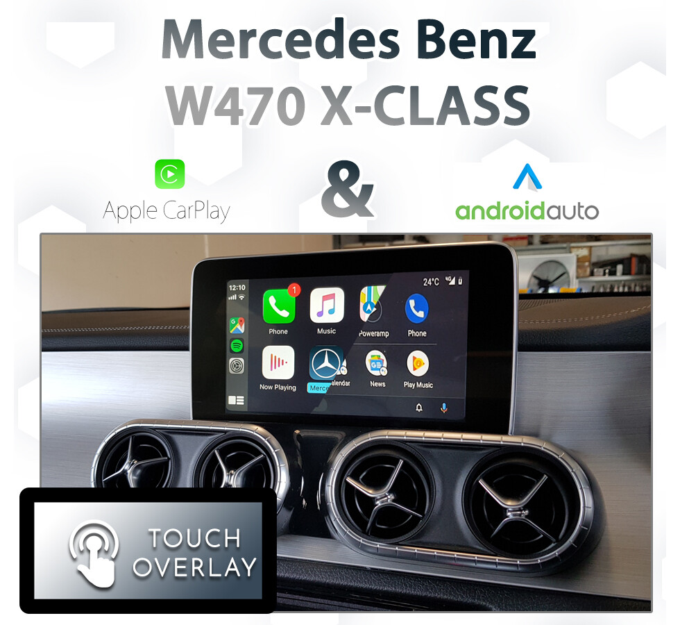 Mercedes-Benz X-Class (W470) with Apple CarPlay and Android Auto integration, featuring a touchscreen overlay