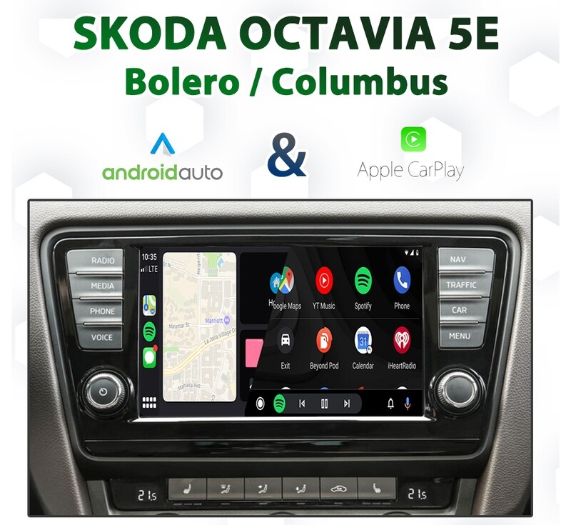 Skoda Octavia 5E 3rd Generation (2014 to 2017 models) with seamless Apple CarPlay and Android Auto integration for factory-fitted Bolero and Columbus audio systems