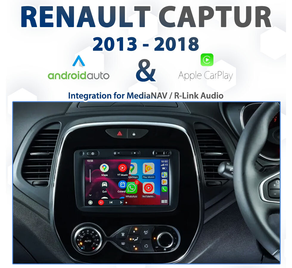 Renault Captur (2013 to 2019 models) with Apple CarPlay and Android Auto integration, designed for vehicles equipped with MediaNAV audio