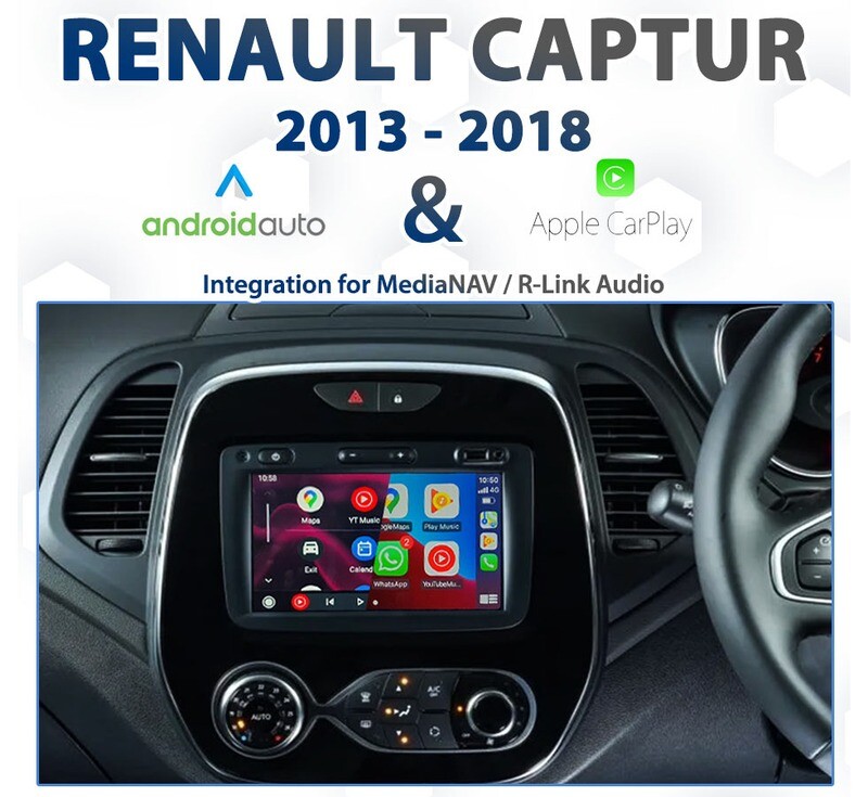 Renault Captur (2013 to 2019 models) with Apple CarPlay and Android Auto integration, designed for vehicles equipped with MediaNAV audio