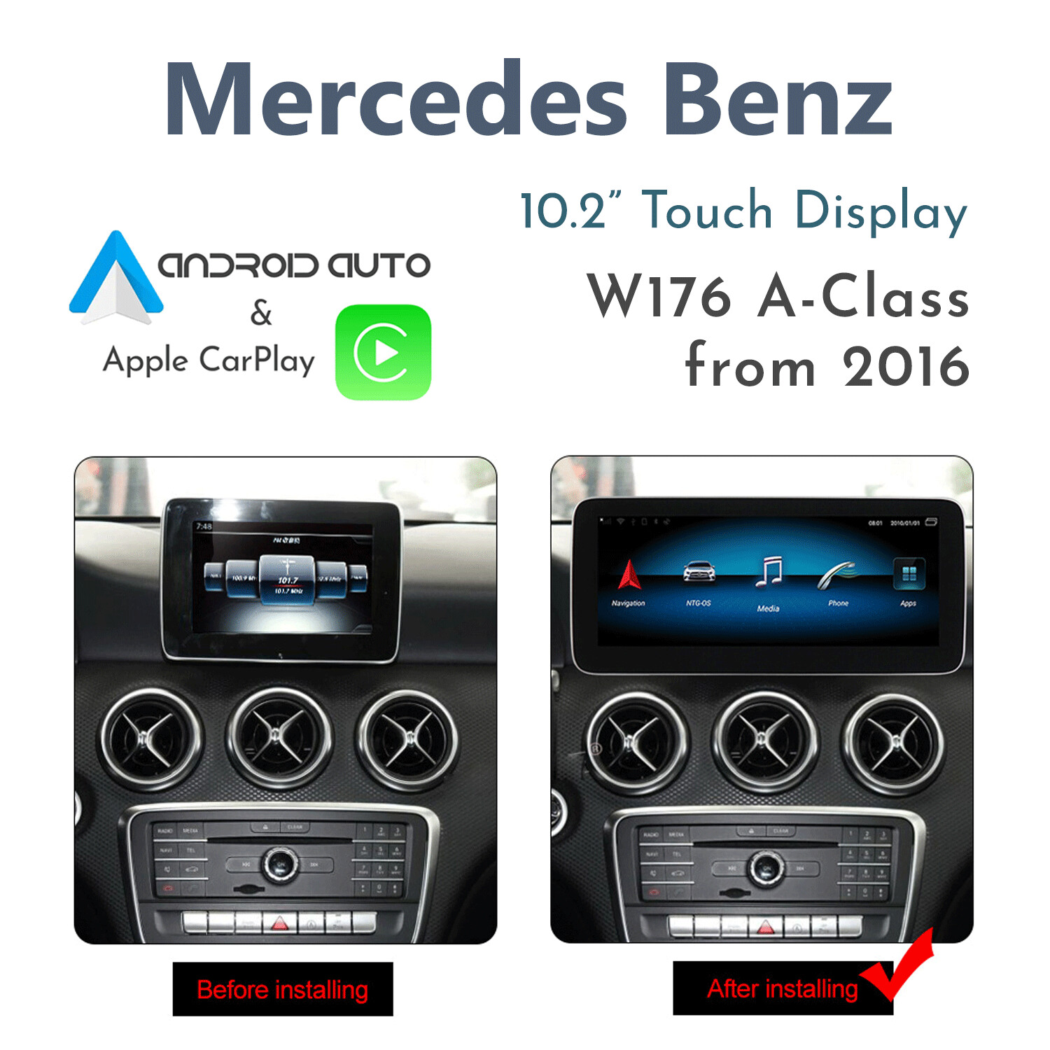 [NTG 5.1+] Mercedes-Benz W176 A-Class – 10.2&quot; Android 13 Touch Display with Apple CarPlay &amp; Android Auto Integration