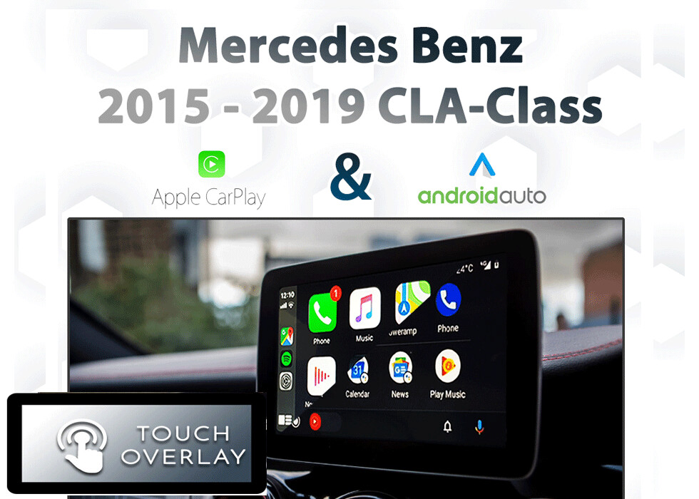 Mercedes-Benz CLA-Class (C117) with Apple CarPlay and Android Auto integration, featuring a touchscreen overlay