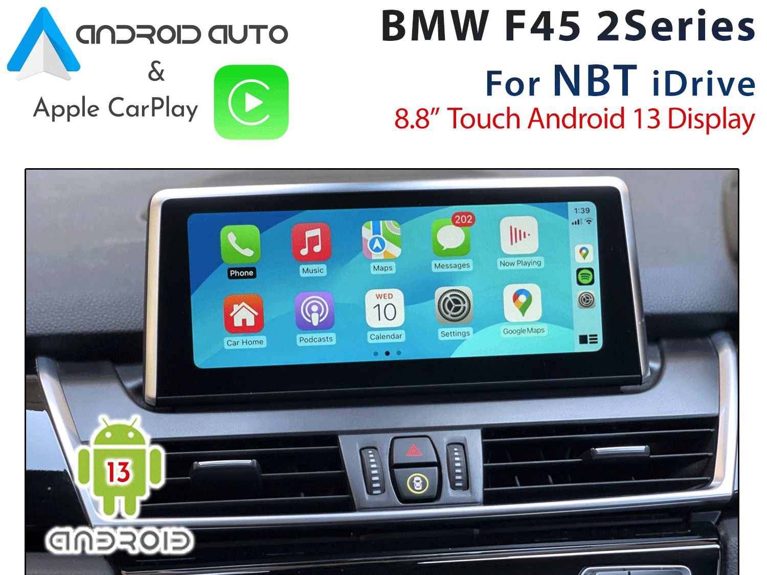 BMW F45 2 Series Hatch - 8.8&quot; Touch Android 13 Display + Apple CarPlay &amp; Android Auto
