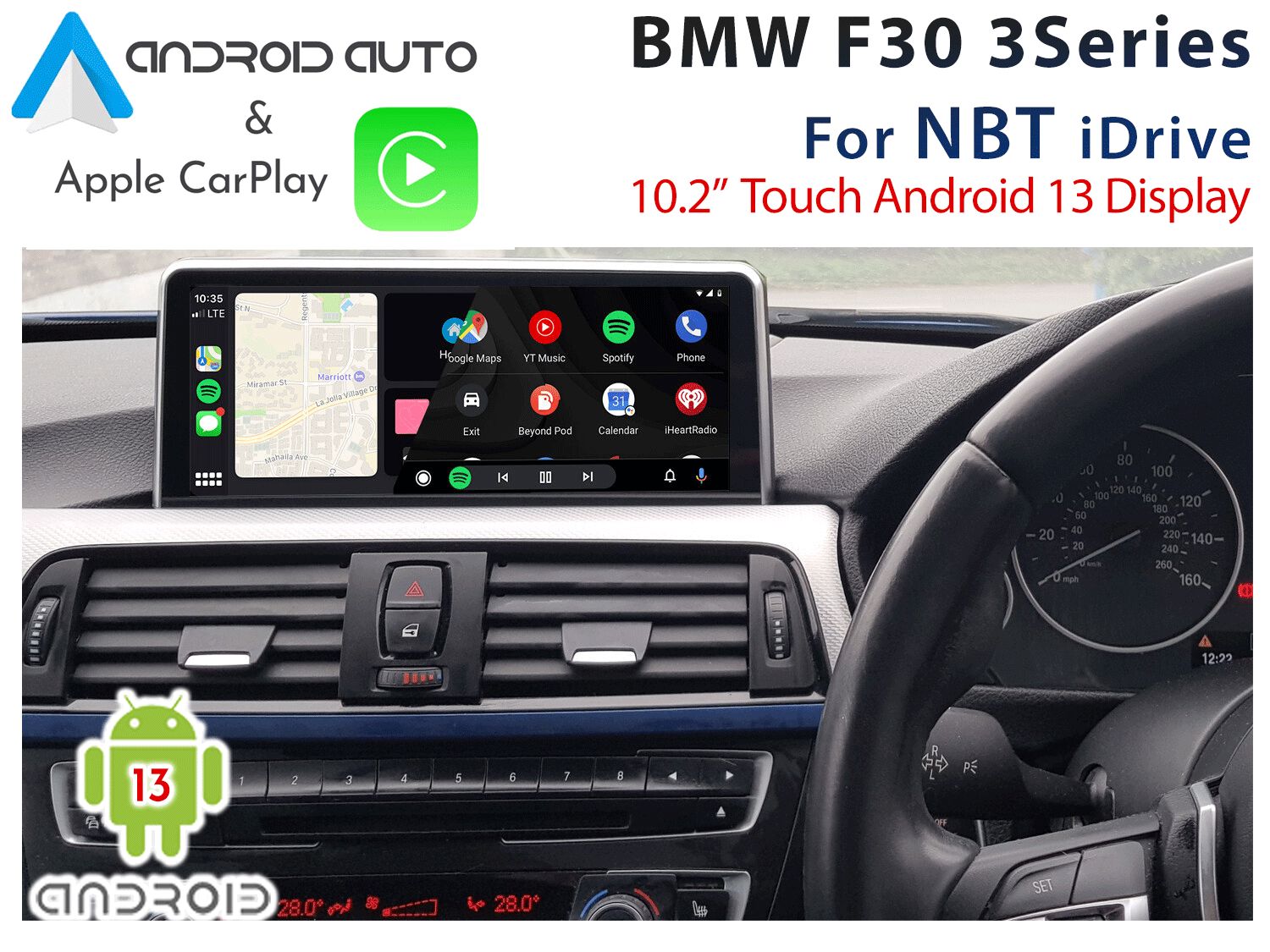 BMW F30 3 Series-  10.2&quot; Touch Android 13 Display + Apple CarPlay &amp; Android Auto