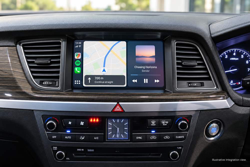 AI-enhanced illustrative Hyundai Genesis DH 9.2-inch factory-screen smartphone integration view