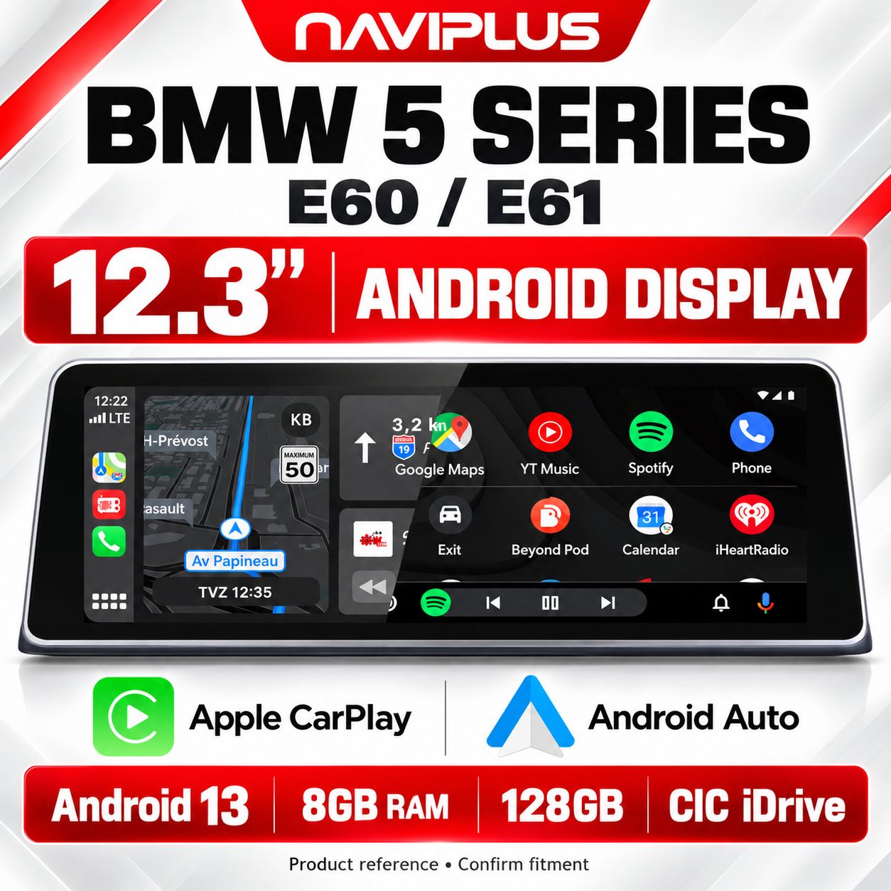 BMW 5 Series E60 / E61 12.3″ Android 13 Display with Apple CarPlay &amp; Android Auto — CIC iDrive 2008–2010