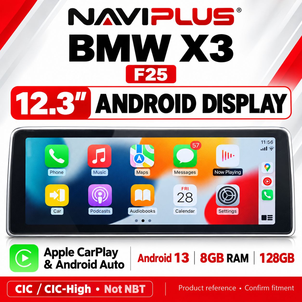 BMW X3 F25 12.3″ Android 13 Display with Apple CarPlay &amp; Android Auto — CIC / CIC-High (not NBT) 2011–2013