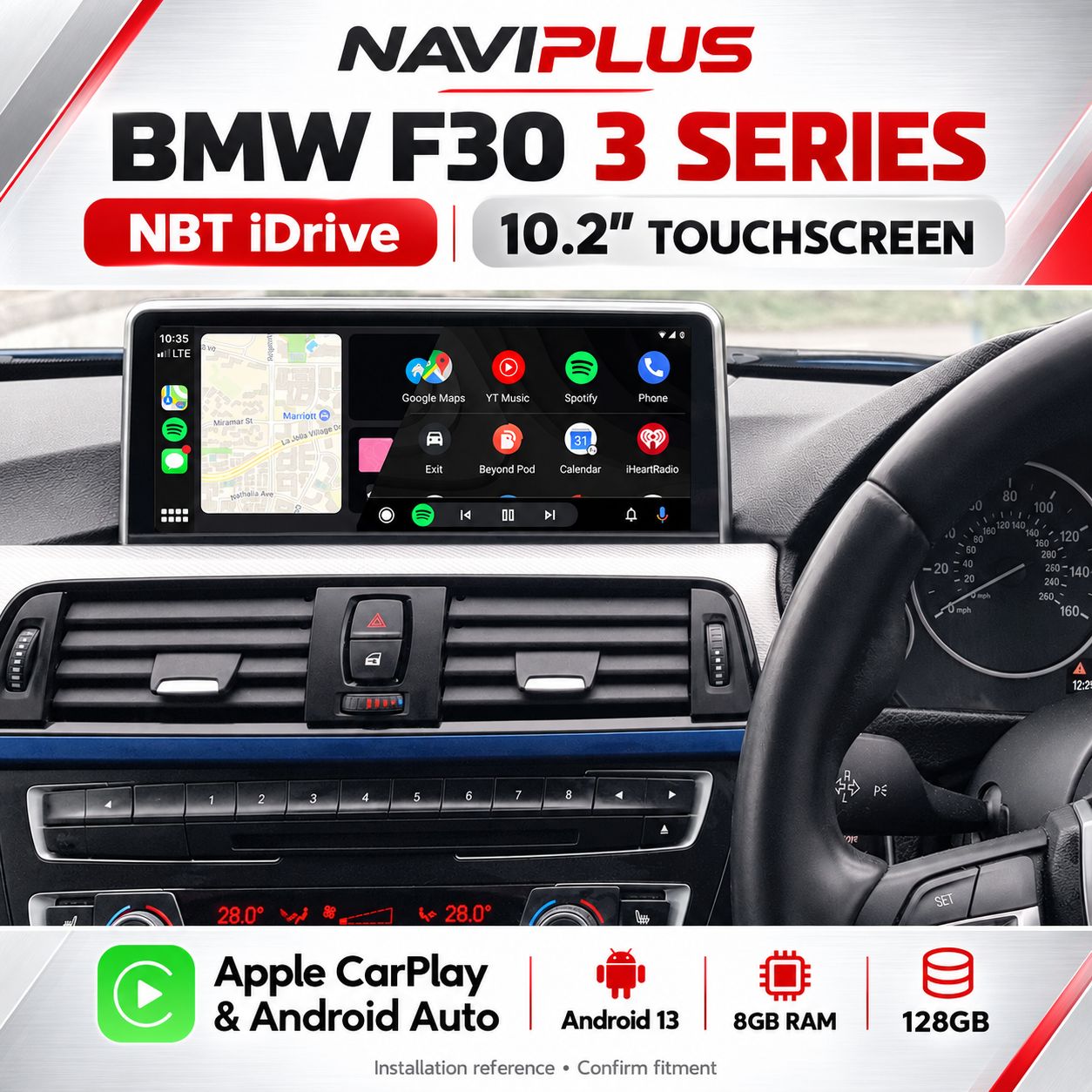 BMW 3 Series F30 NBT iDrive 10.2″ Android 13 Display with Apple CarPlay &amp; Android Auto 2012–2015
