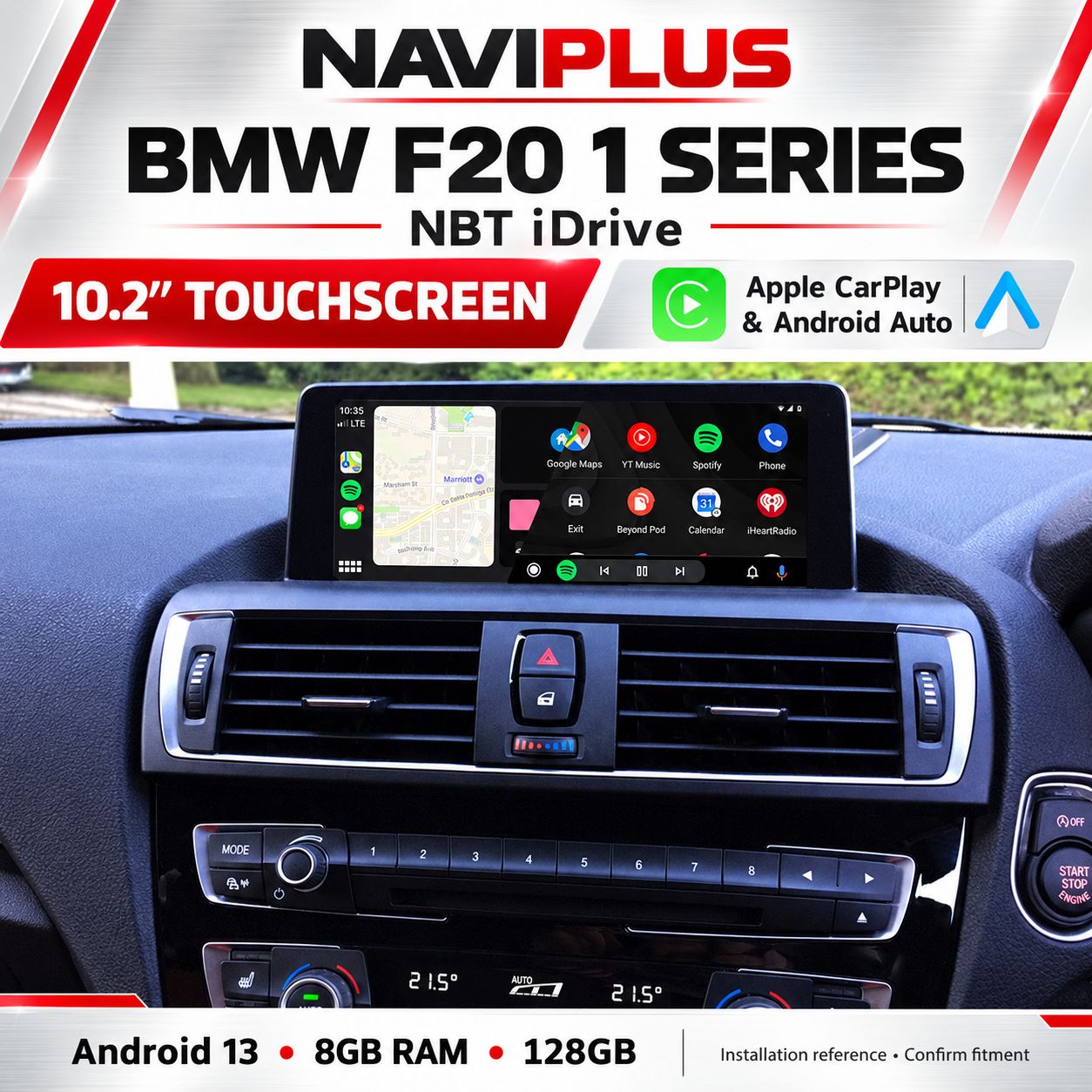 BMW 1 Series F20 NBT iDrive 10.2″ Android 13 Display with Apple CarPlay &amp; Android Auto 2012–2016