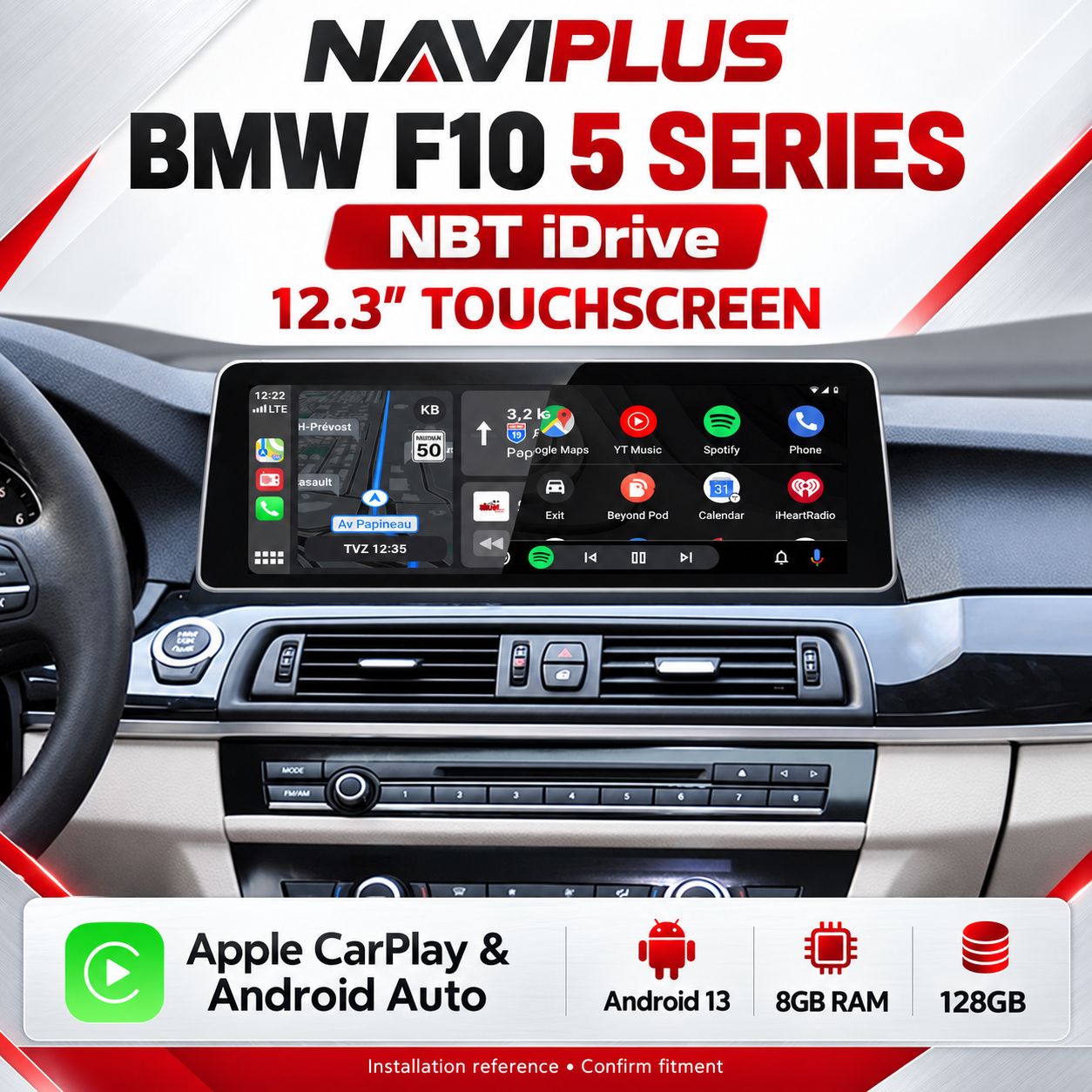BMW 5 Series F10 NBT iDrive 12.3″ Android 13 Display with Apple CarPlay &amp; Android Auto 2012–2015