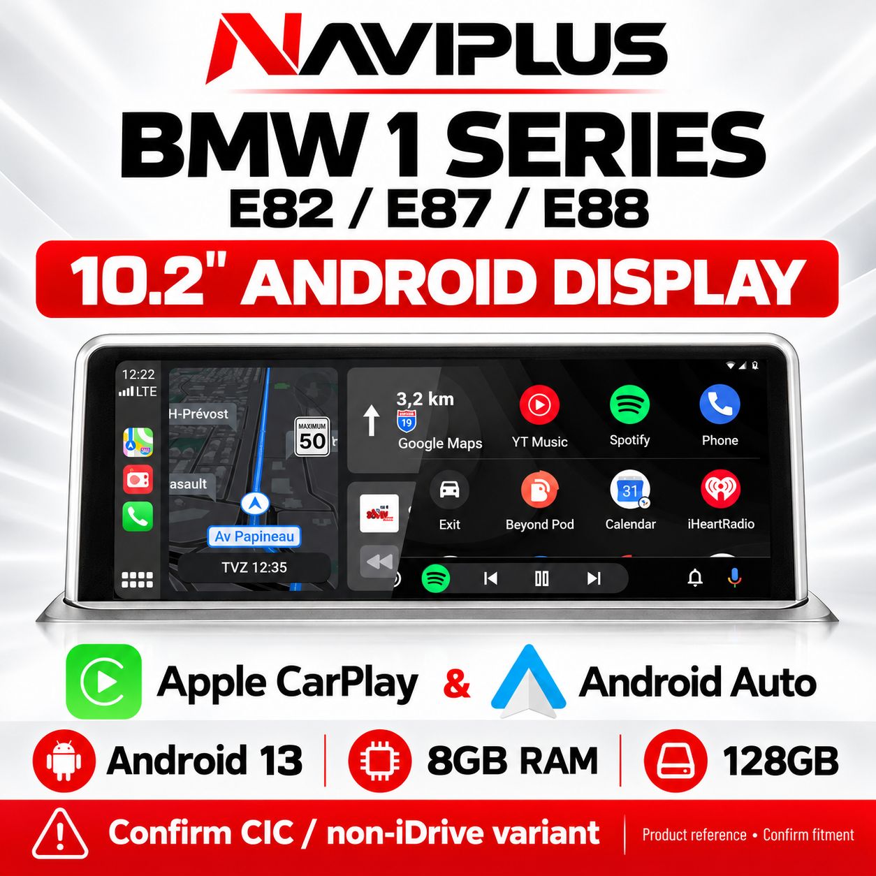 BMW 1 Series E82 / E87 / E88 10.2″ Android 13 Display with Apple CarPlay &amp; Android Auto — CIC / non-iDrive — confirm variant