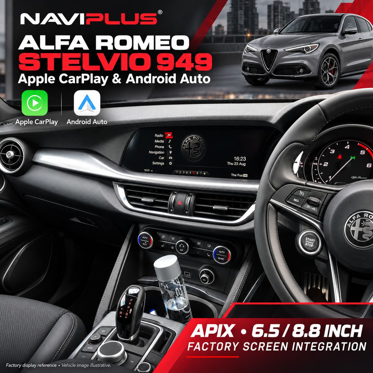 Alfa Romeo Stelvio 949 Apple CarPlay &amp; Android Auto Integration Kit | APIX 6.5-inch &amp; 8.8-inch | Wired &amp; Wireless
