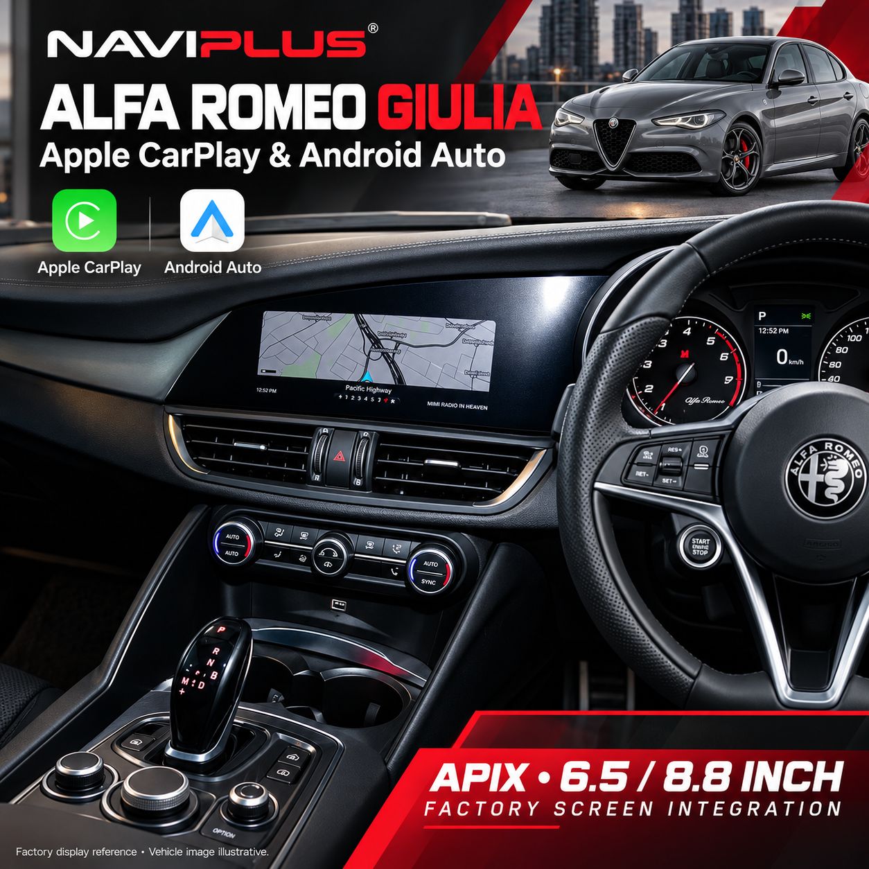 Alfa Romeo Giulia Apple CarPlay &amp; Android Auto Integration Kit | APIX 6.5-inch &amp; 8.8-inch | Wired &amp; Wireless