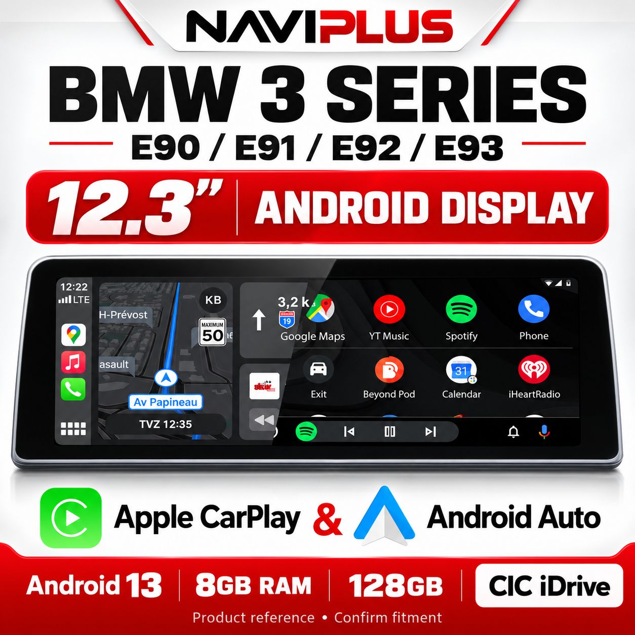 BMW 3 Series E90 / E91 / E92 / E93 12.3″ Android 13 Display with Apple CarPlay &amp; Android Auto — CIC iDrive 2008–2012