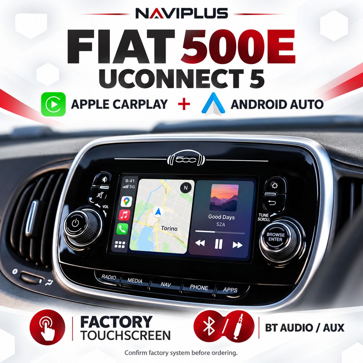 Fiat 500E UConnect 5 Apple CarPlay &amp; Android Auto Integration 2015–2020