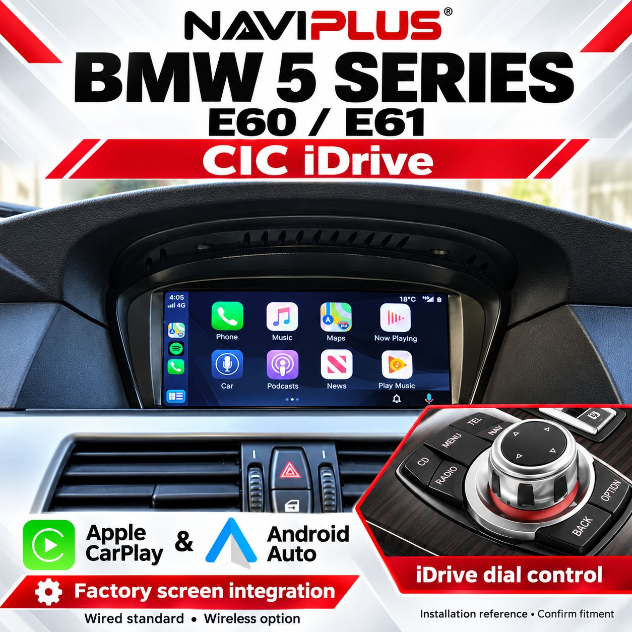 BMW 5 Series E60 / E61 CIC iDrive Apple CarPlay &amp; Android Auto Integration 2008–2010