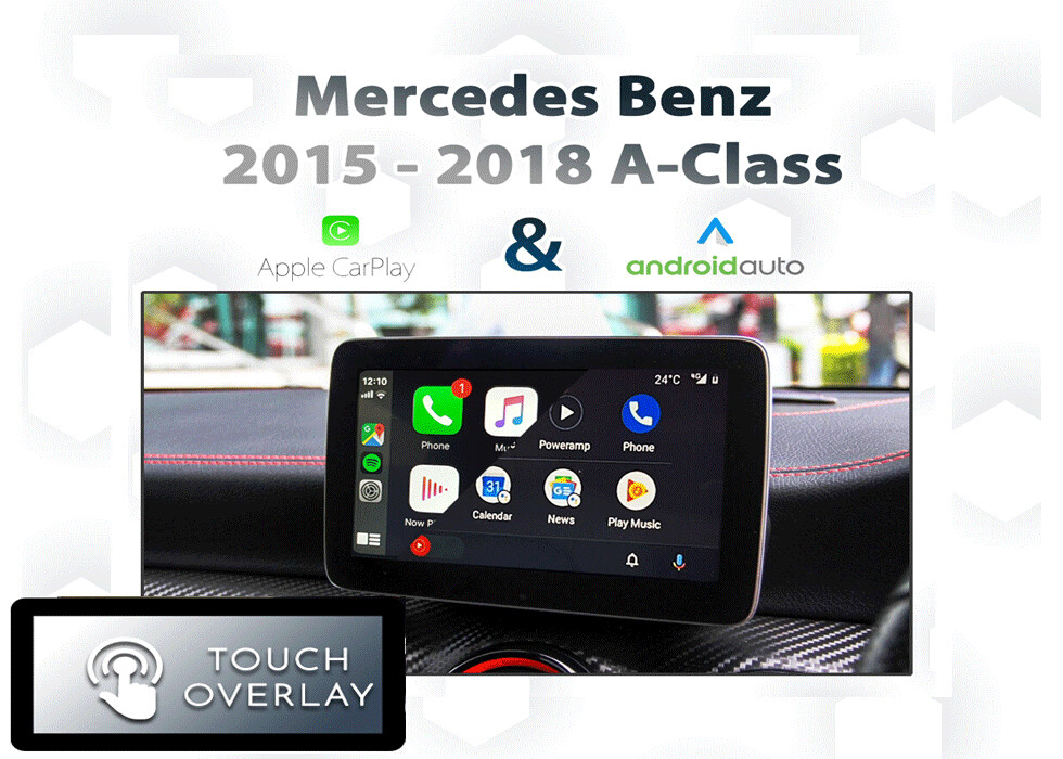 Mercedes-Benz A-Class (W176) with Apple CarPlay and Android Auto integration, featuring a touchscreen overlay