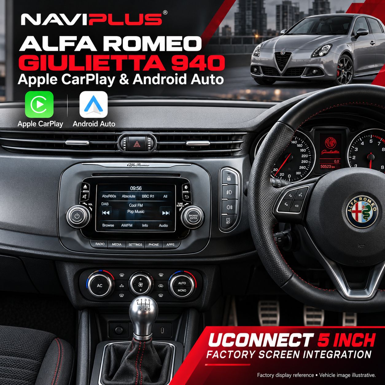 Alfa Romeo 940 Giulietta Apple CarPlay &amp; Android Auto Integration Kit | Uconnect 5-inch | Wired &amp; Wireless