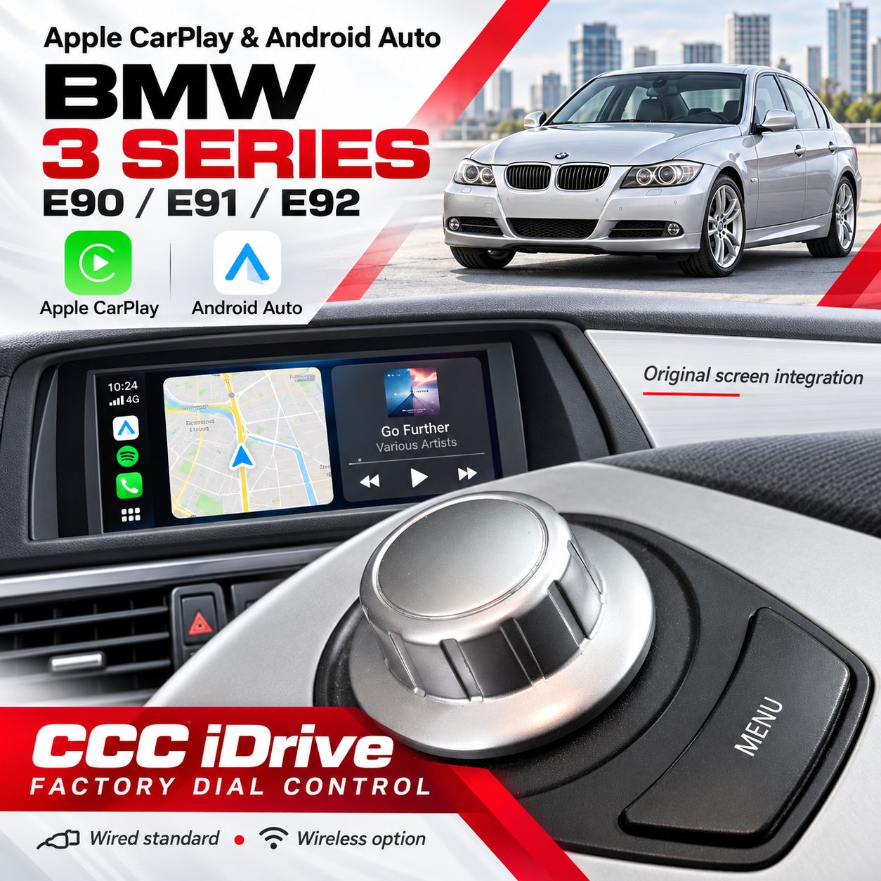 BMW 3 Series E90 / E91 / E92 CCC iDrive Dial Apple CarPlay &amp; Android Auto Integration 2005–2008