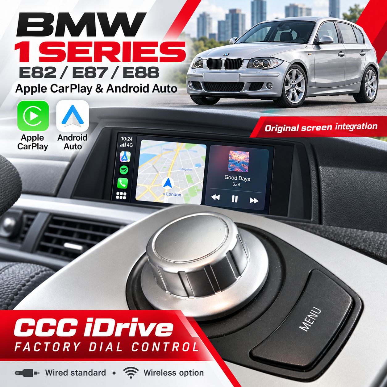 BMW 1 Series E82 / E87 / E88 CCC iDrive Dial Apple CarPlay &amp; Android Auto Integration 2004–2008