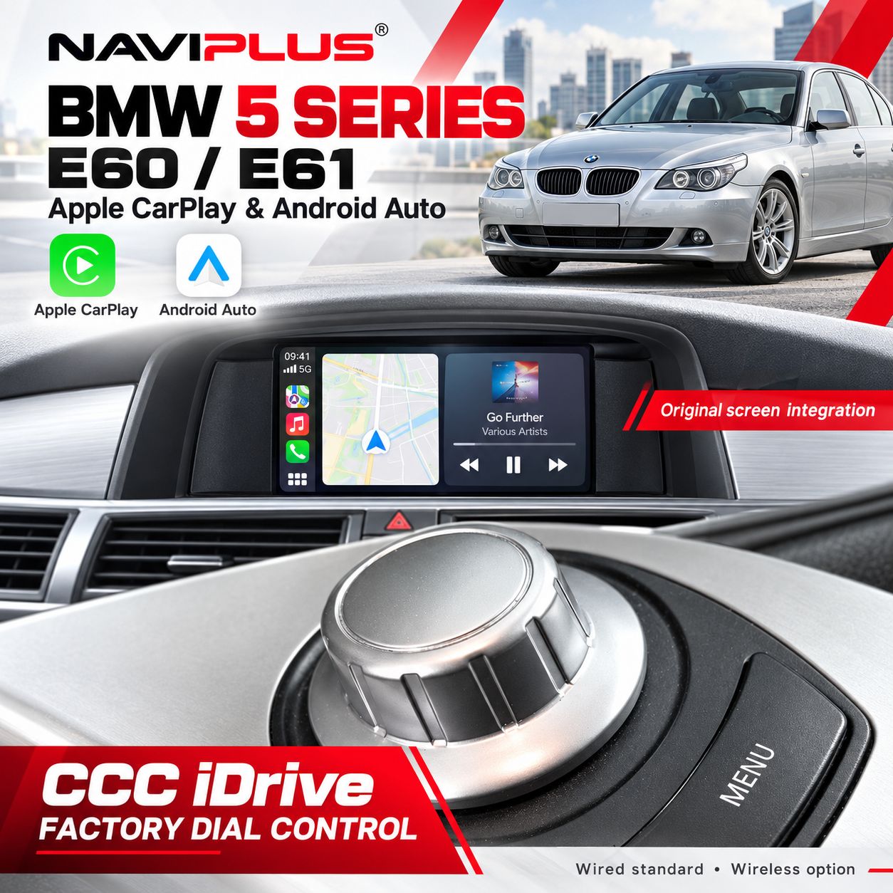 BMW 5 Series E60 / E61 CCC iDrive Dial Apple CarPlay &amp; Android Auto Integration 2003–2008